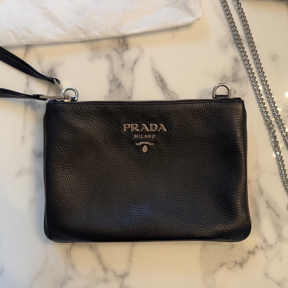 Prada Vitello Leather Double Zip Crossbody Bag, Black, Silver Hardware